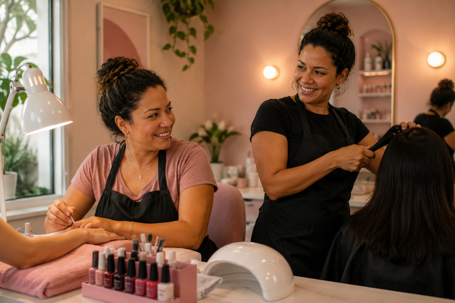 Manicure e cabeleireira trabalhando juntas em salão de beleza aconchegante, sorrindo