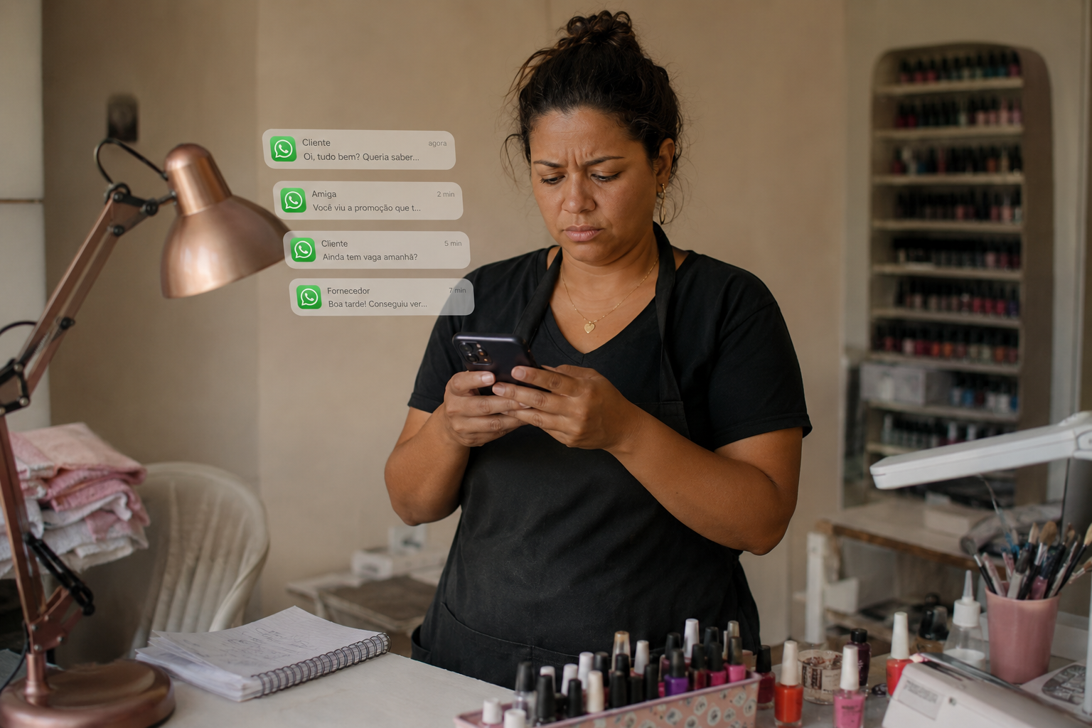 Manicure sobrecarregada respondendo mensagens no WhatsApp enquanto tenta atender