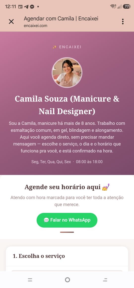 Tela de agendamento público personalizado da profissional no Encaixei