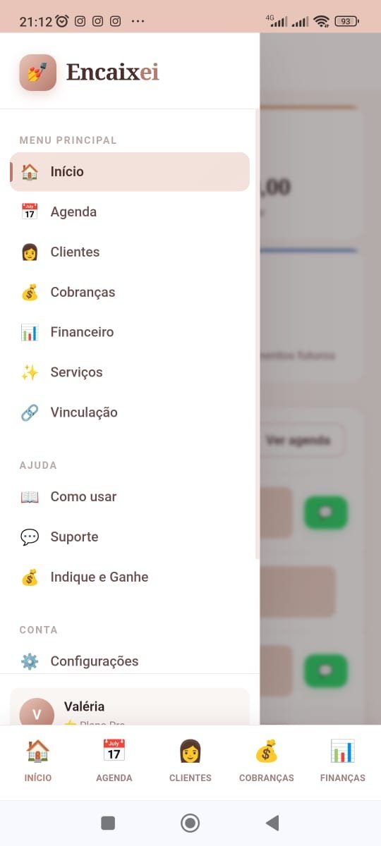 Tela inicial do Encaixei: faturamento do mês, atendimentos e agenda do dia