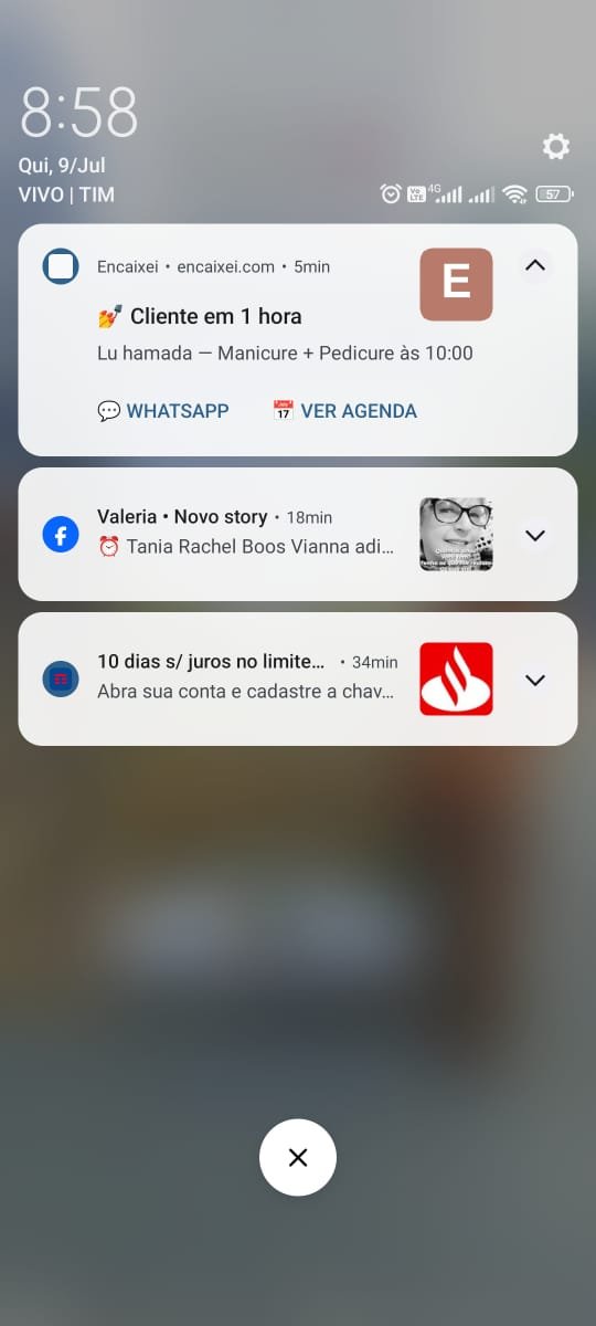 Notificação push: cliente em 1 hora — Encaixei