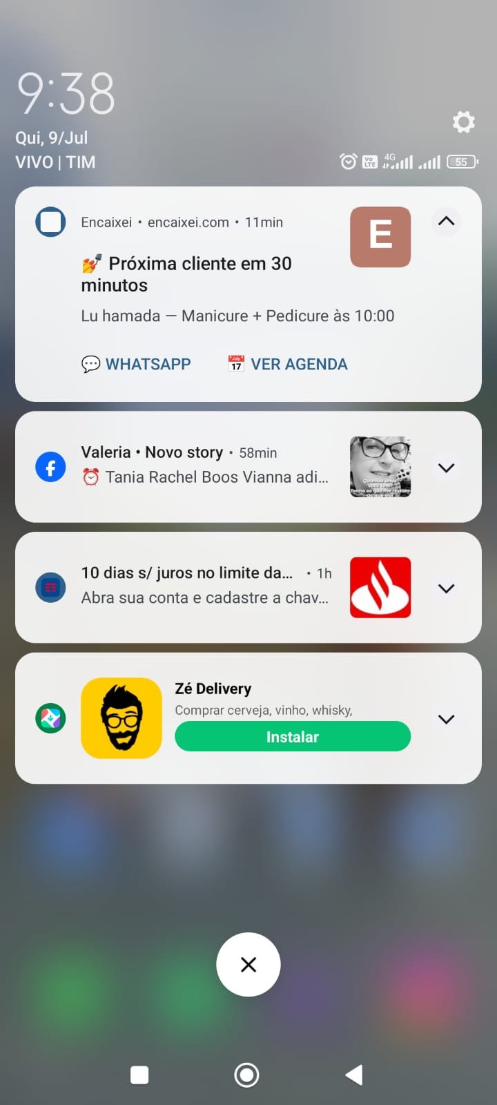Notificação push: próxima cliente em 30 minutos — Encaixei