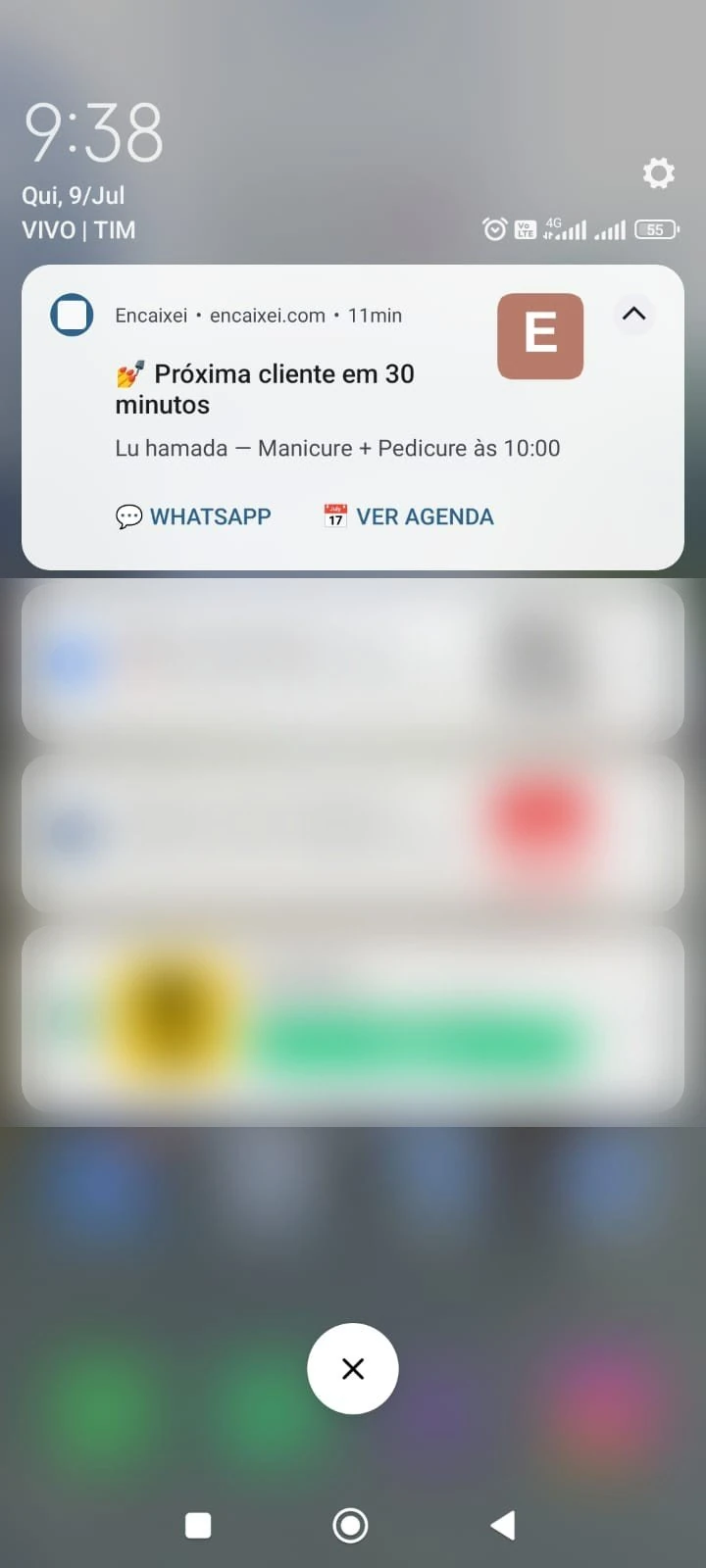 Notificação do Encaixei no celular: próxima cliente em 30 minutos